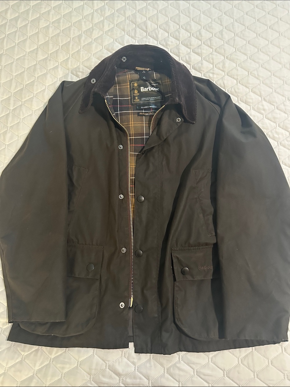 Barbour Olive Waxed Cotton Classic Bedale Jacket, Tartan Lining, Size C40